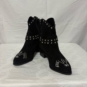 BCBGeneration Lokki ankle bootie in black suede with studded straps. Size 8